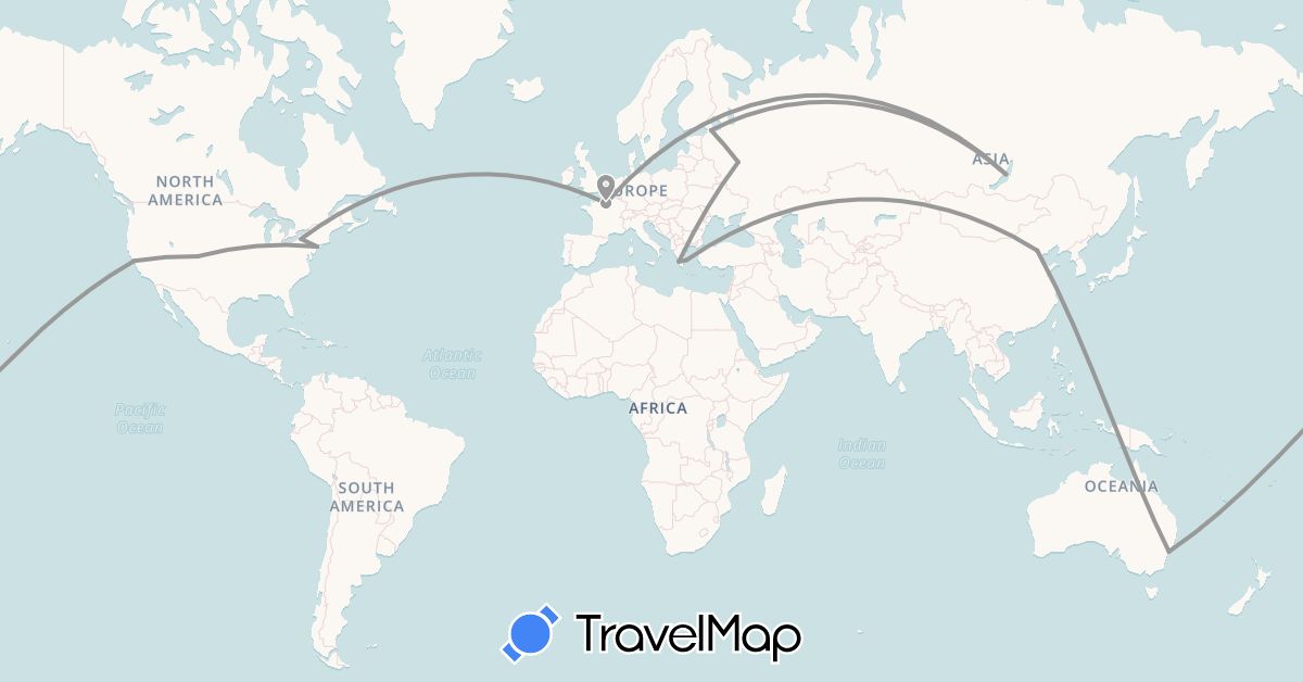 TravelMap itinerary: driving, plane in Australia, China, France, Greece, Russia, United States (Asia, Europe, North America, Oceania)